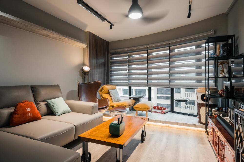 Industrial Living Room with TV Console and Drop Light