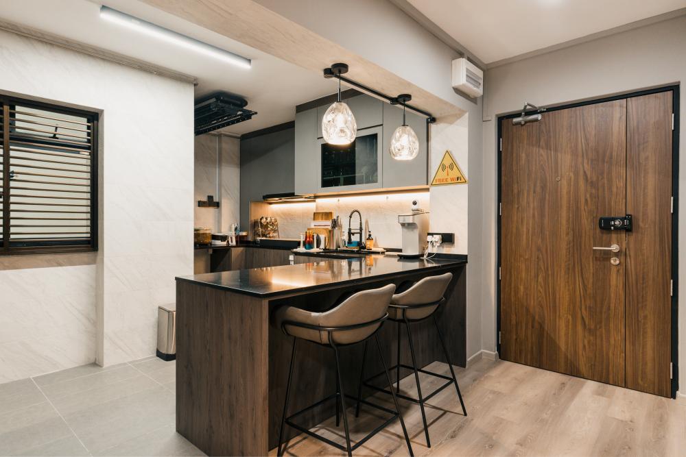 Industrial Entryway with Kitchen Island and Dining Table