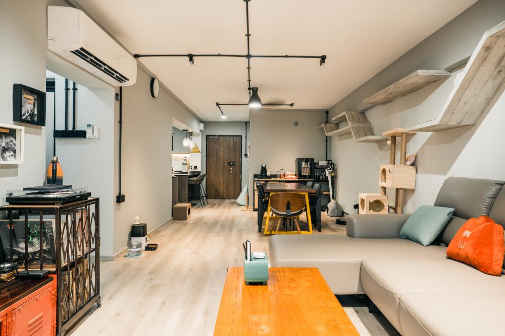 Industrial Living Room with TV Console and Ceiling Light