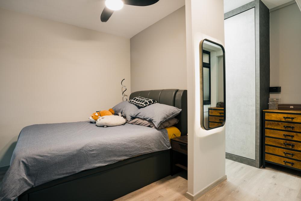 Industrial Bedroom with Vinyl Flooring and Bedside Table