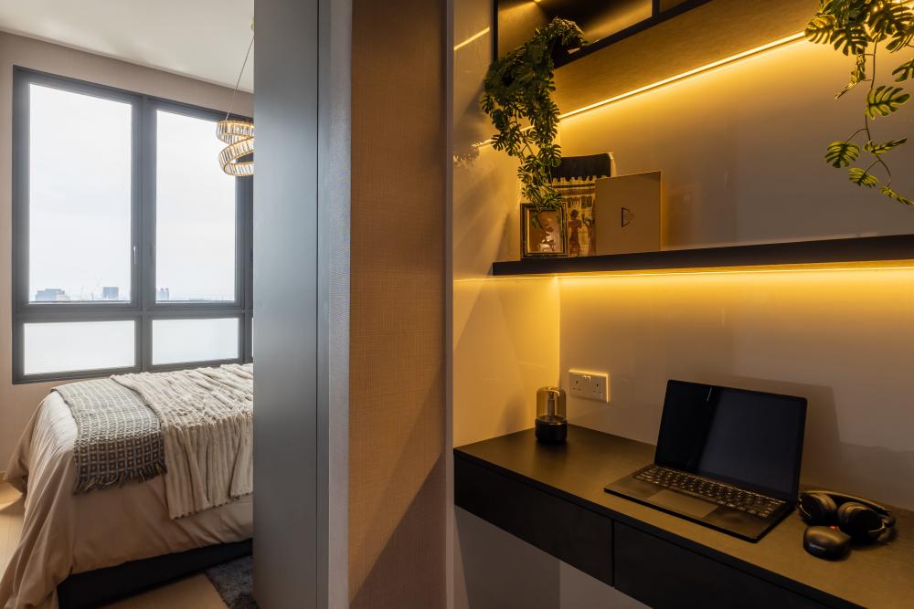 Modern Bedroom with Bookshelf and Parquet Floor