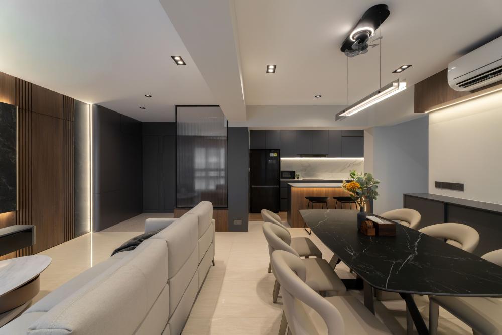 Contemporary Living Room with TV Console and Cove Lighting