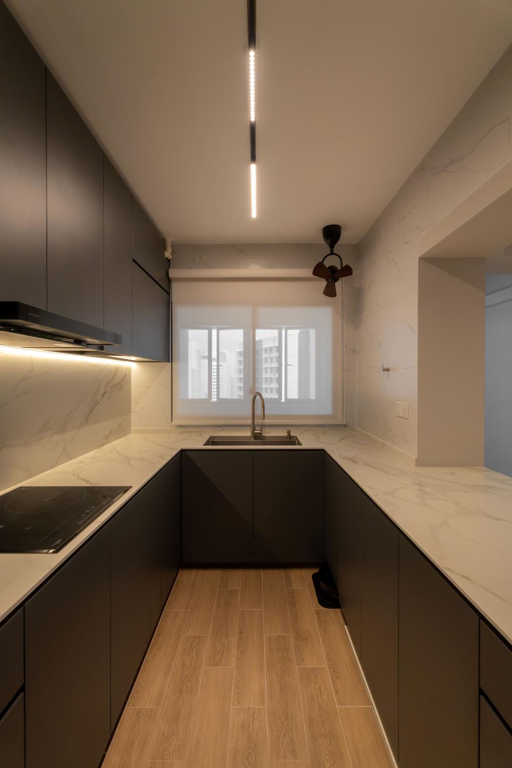 Contemporary Kitchen with Kitchen Window and Cupboard