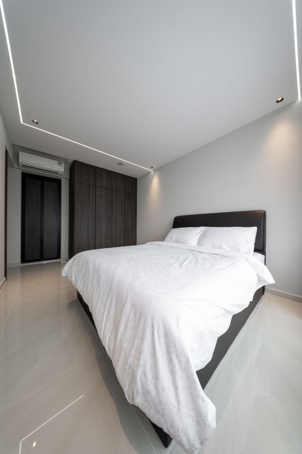 Contemporary Bedroom with Homogeneous Tiles and Wardrobe