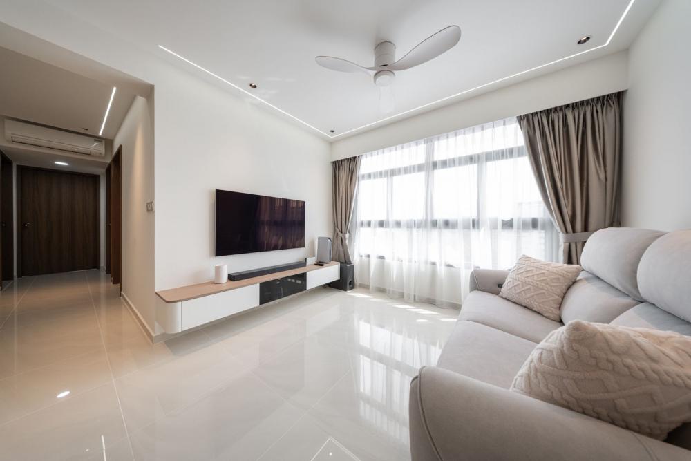 Contemporary Living Room with Homogeneous Tiles and TV Console