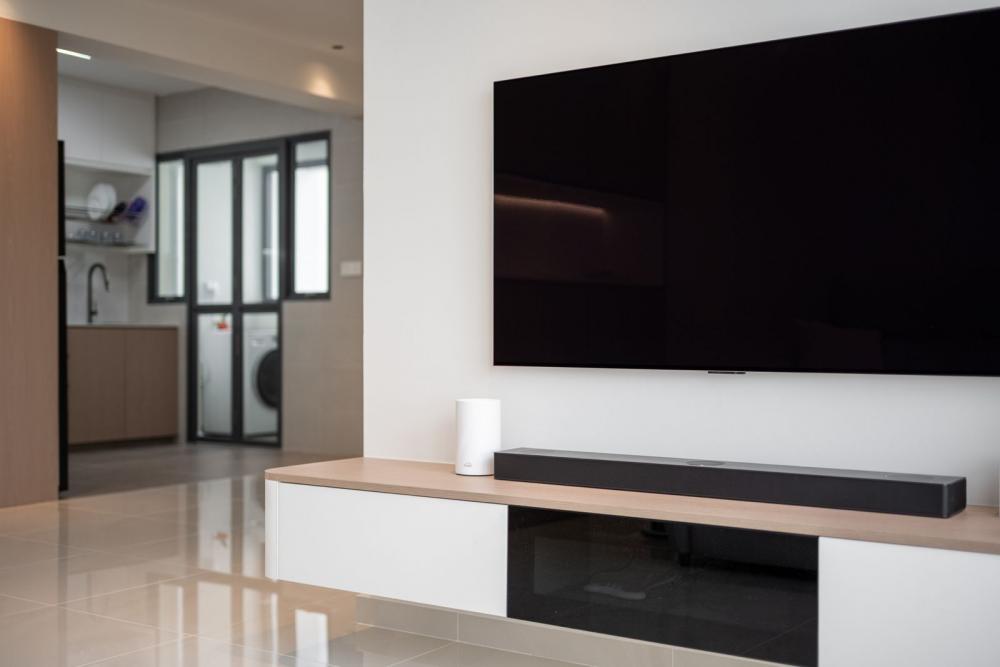 Contemporary Living Room with Homogeneous Tiles and TV Console