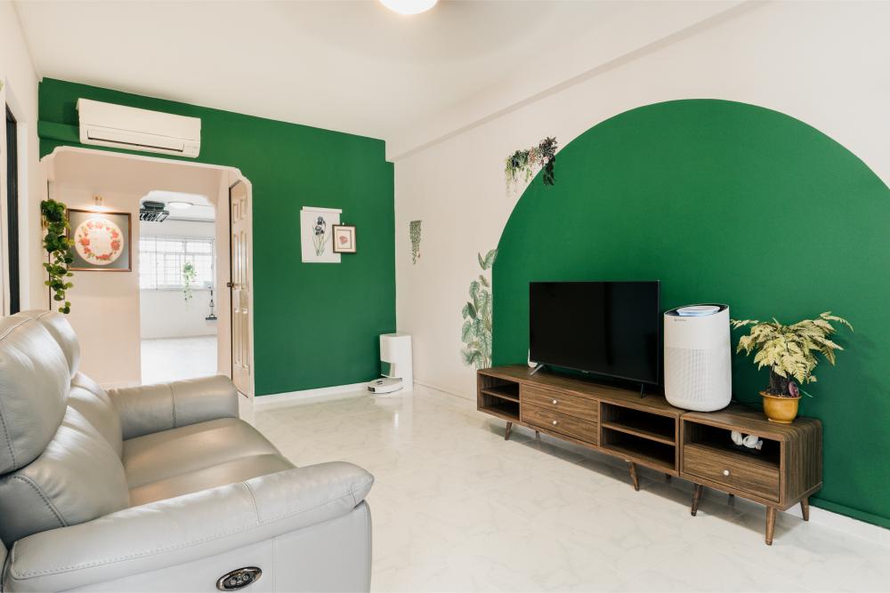Contemporary Living Room with Homogeneous Tiles and TV Console