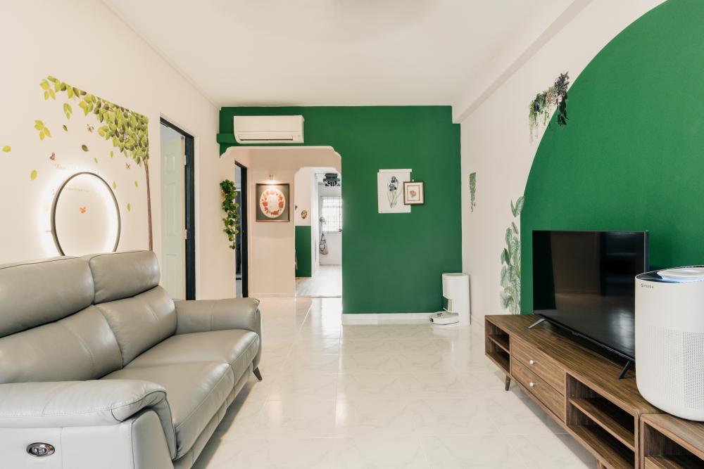 Contemporary Living Room with Homogeneous Tiles and TV Console