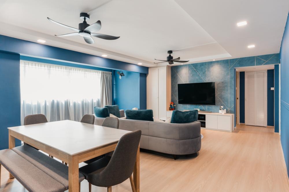 Modern Dining Room with TV Console and Feature Wall