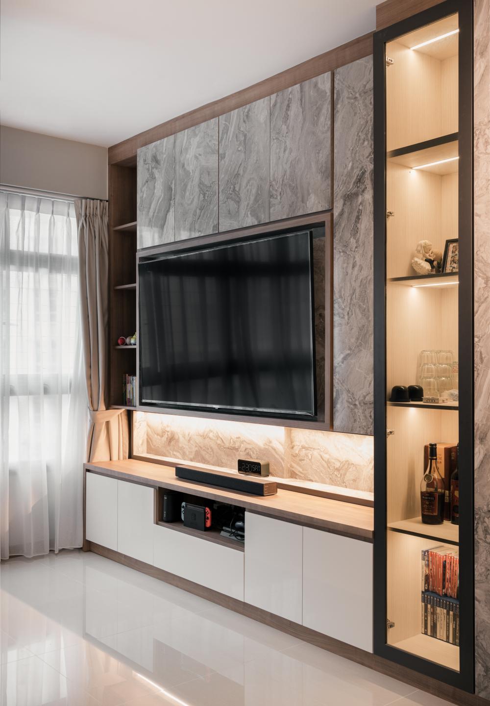 Modern Living Room with Bookshelf and TV Console