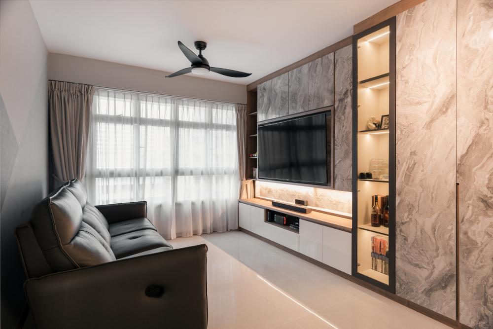 Modern Living Room with Bookshelf and TV Console