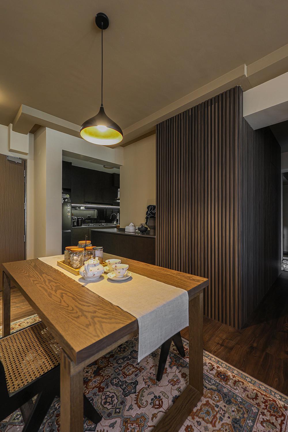 Scandinavian Dining Room with Vinyl Flooring and Feature Wall