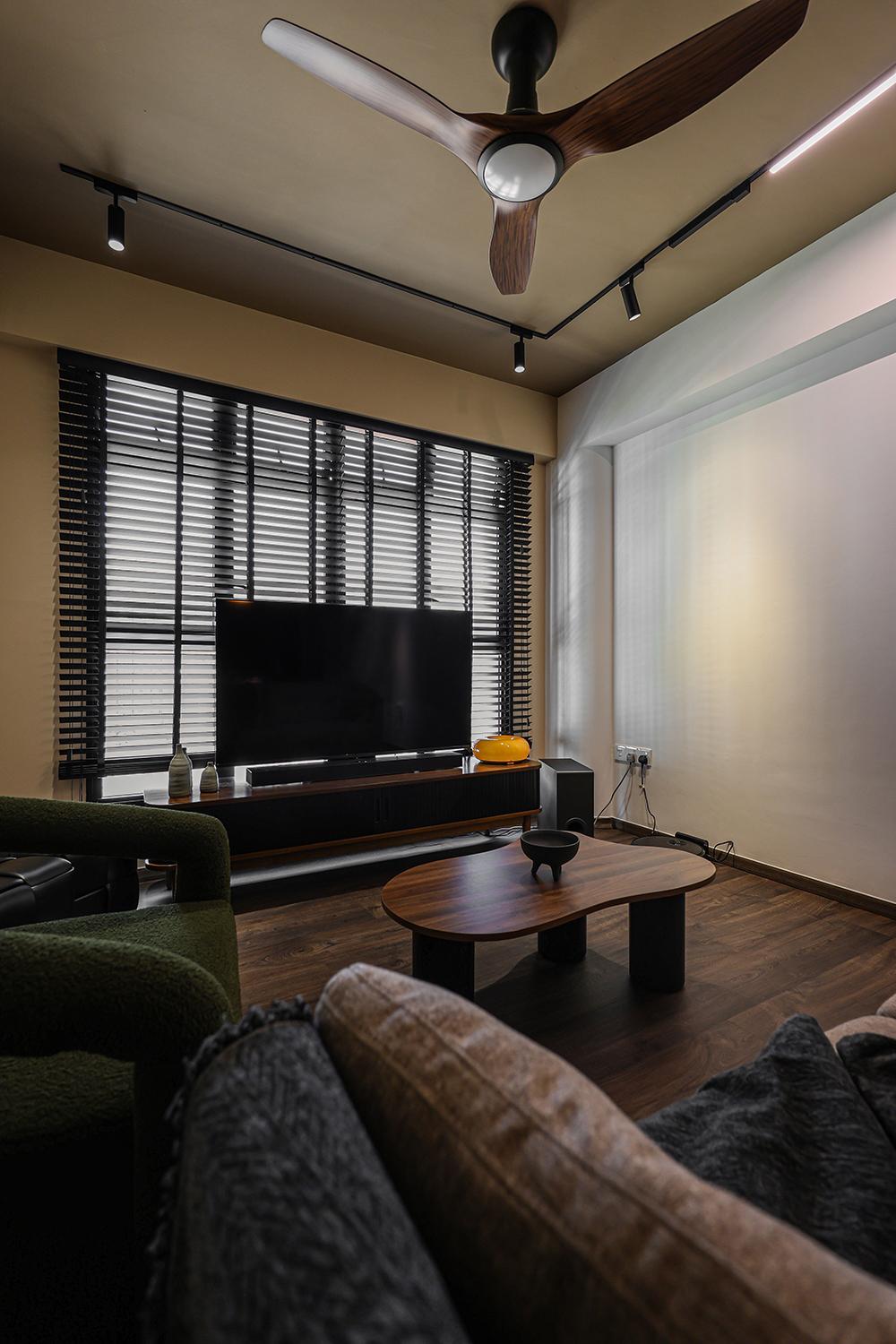 Scandinavian Living Room with Vinyl Flooring and Paintings