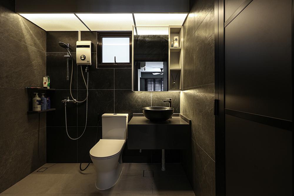 Scandinavian Bathroom with Countertop and Homogeneous Tiles