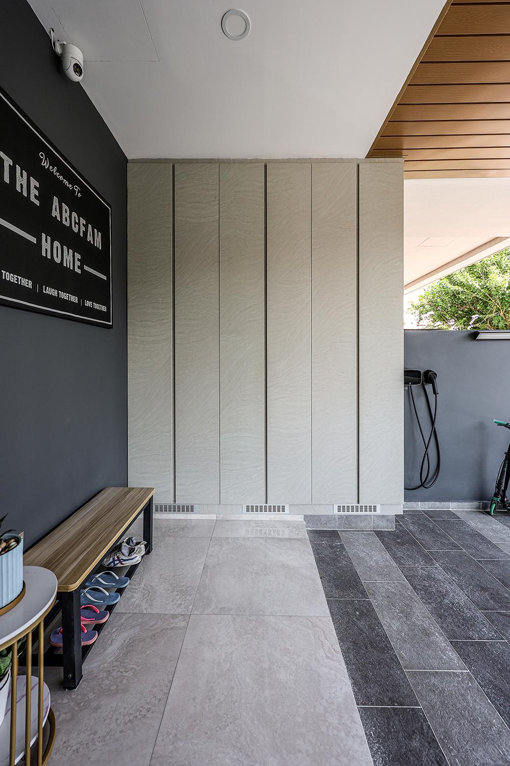 Modern Porch with Homogeneous Tiles and Seating Bench