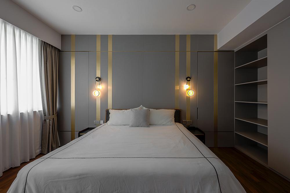 Modern Bedroom with Feature Wall and Display Cabinets