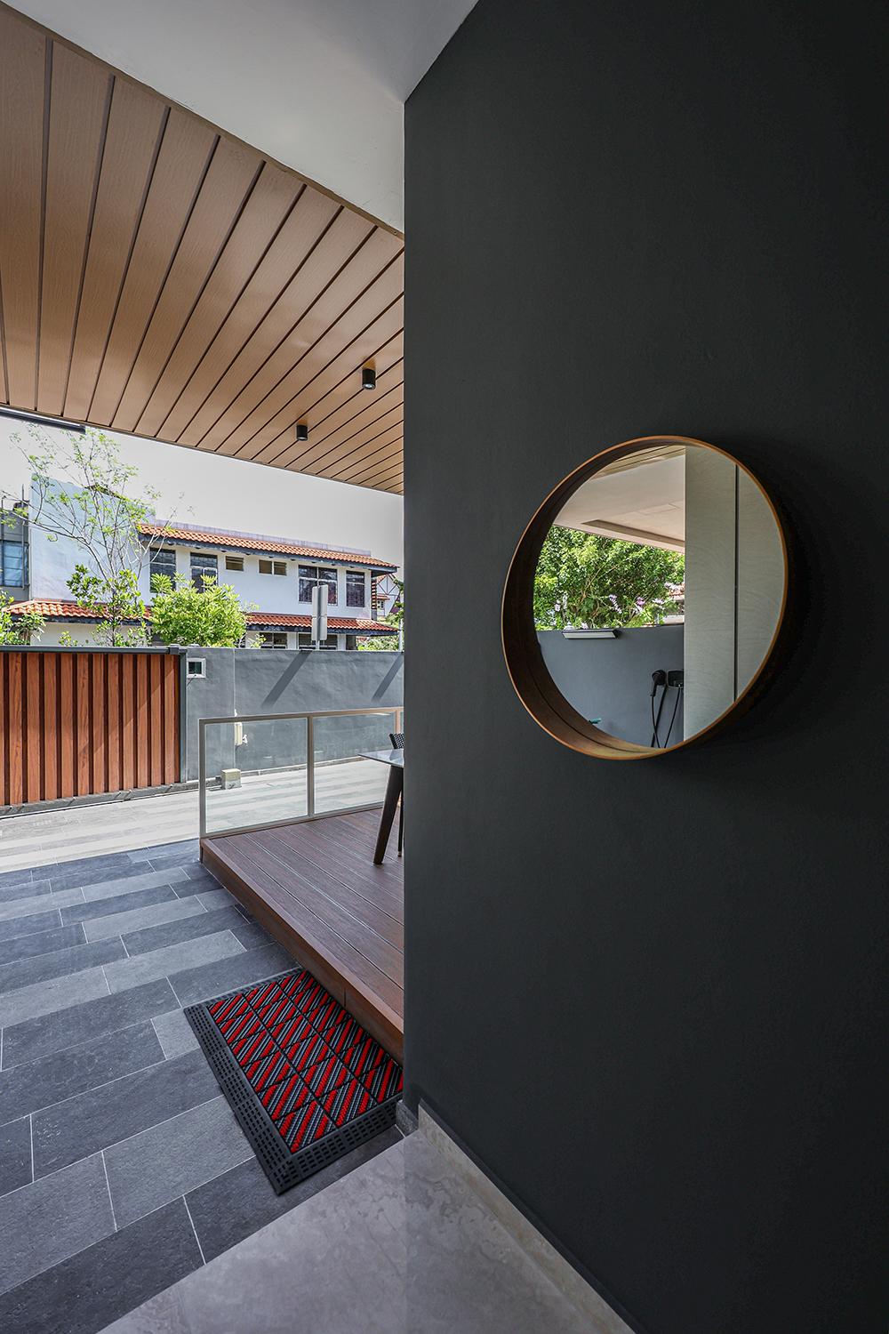 Modern Foyer with Homogeneous Tiles and Awning