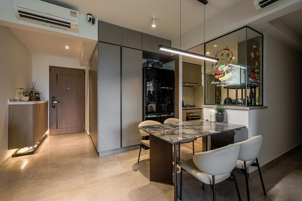 Modern Dining Room with Storage Cabinets and Lighting