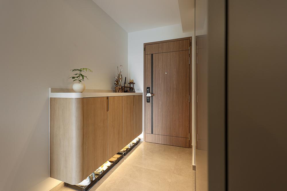 Modern Foyer with Planters and Shoe Cabinets