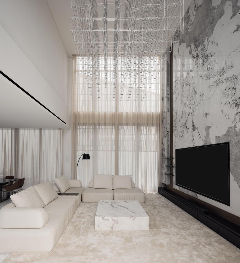 Modern Living Room with Marble Floor and Sofa