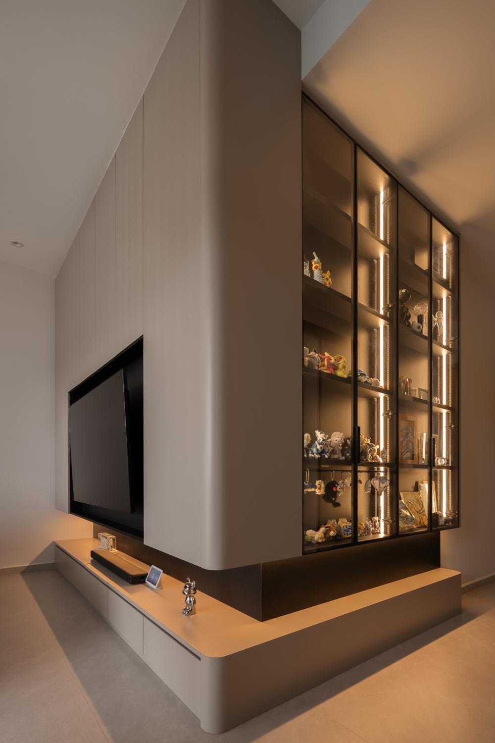 Minimalist Living Room with Display Cabinets and Lighting
