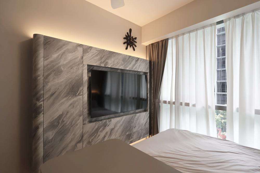 Minimalist Bedroom with Vinyl Flooring and Ceiling Light