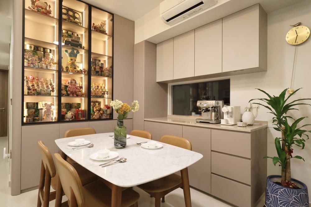 Minimalist Dining Room with Ceiling Light and Downlights
