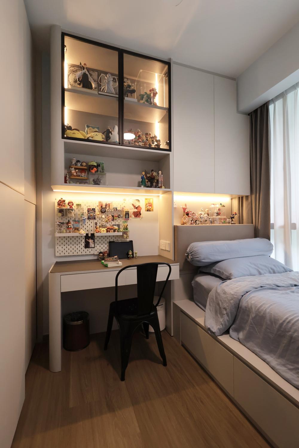 Minimalist Bedroom with Vinyl Flooring and Built-in Bed