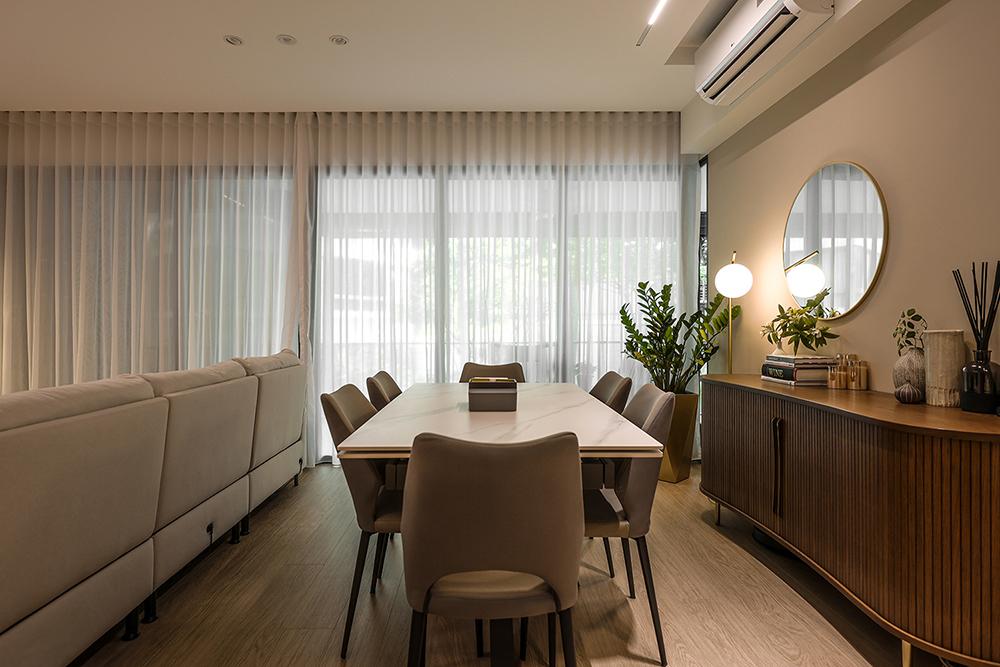Scandinavian Dining Room with Vinyl Flooring and Mirror