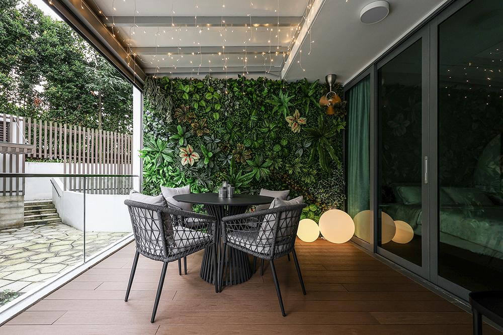 Scandinavian Balcony with Outdoor Table and Outdoor Chairs