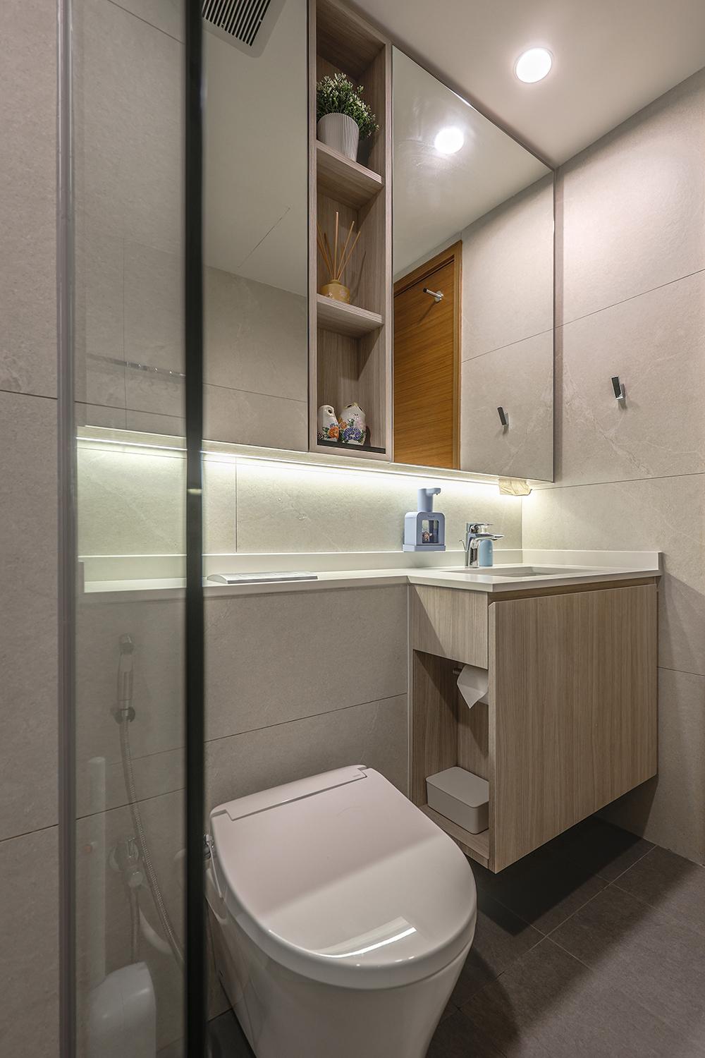 Scandinavian Bathroom with Countertop and Homogeneous Tiles