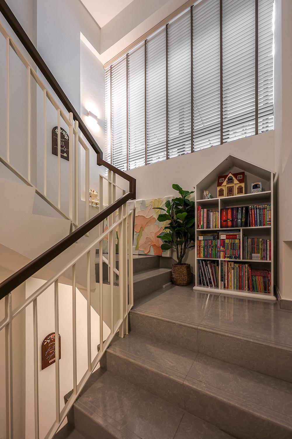 Scandinavian Hallway with Bookshelf and Artwork