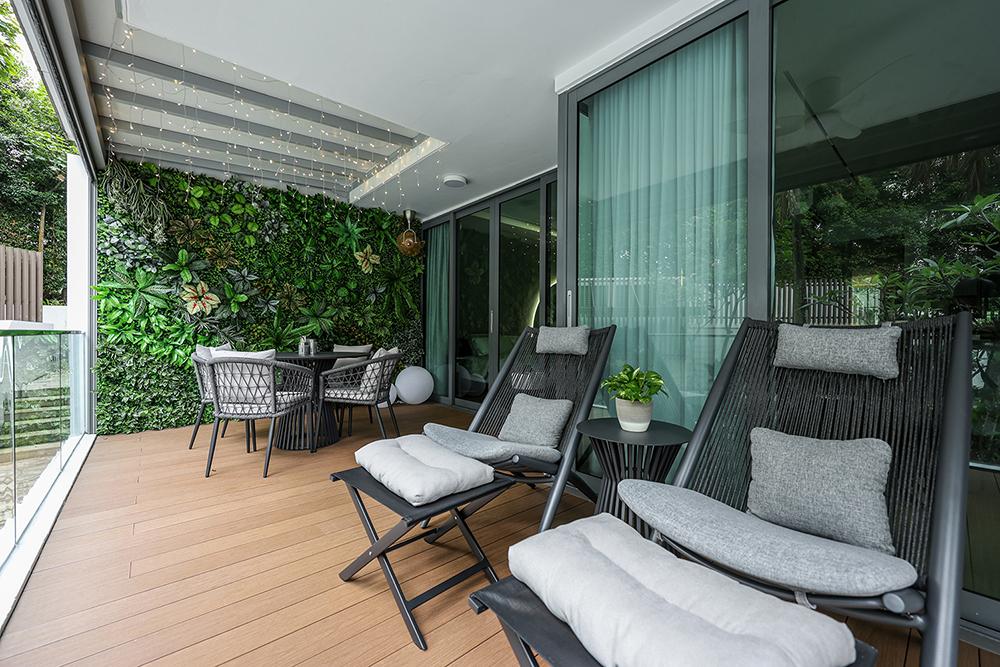 Scandinavian Balcony with Outdoor Table and Outdoor Chairs