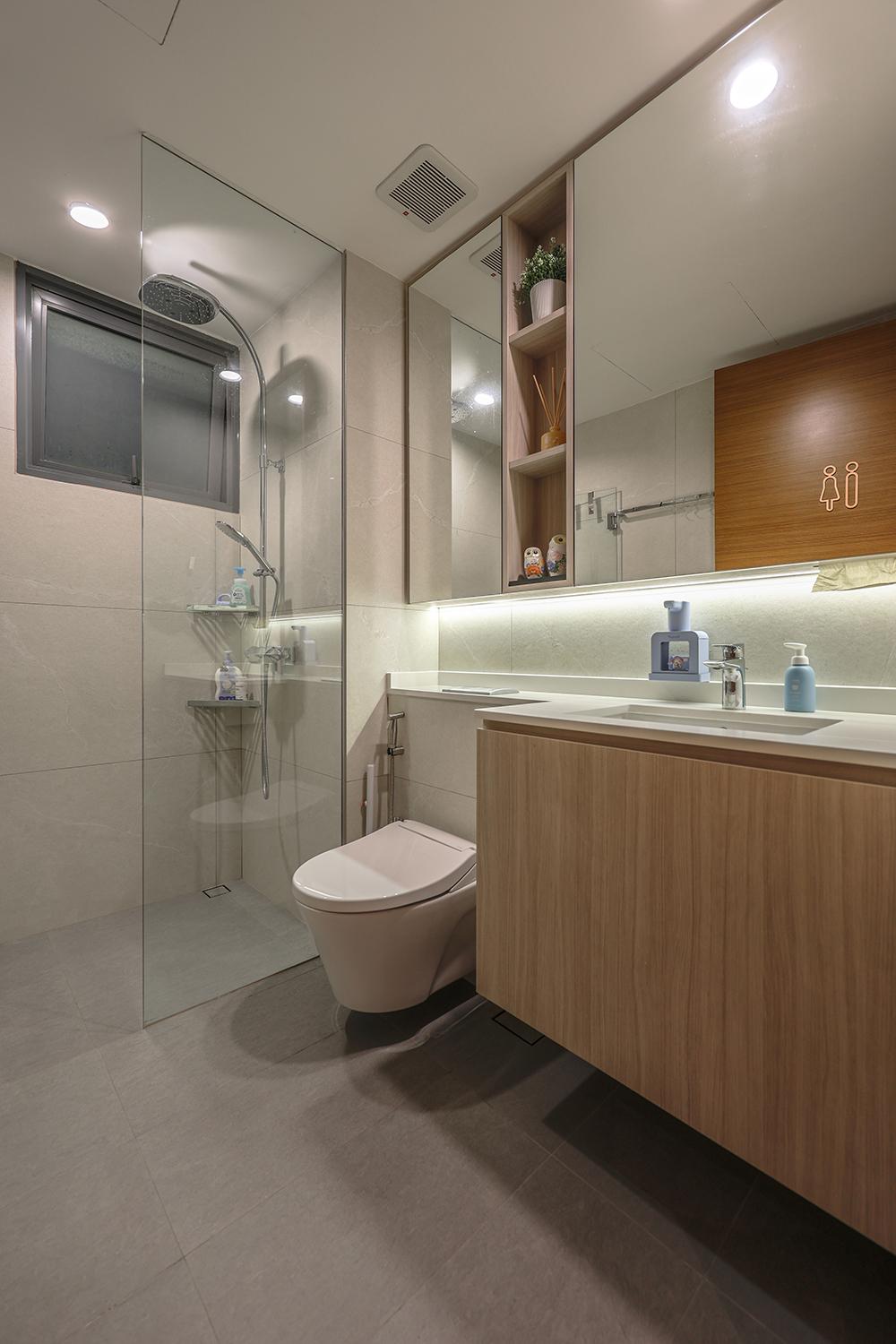 Scandinavian Bathroom with Countertop and Homogeneous Tiles