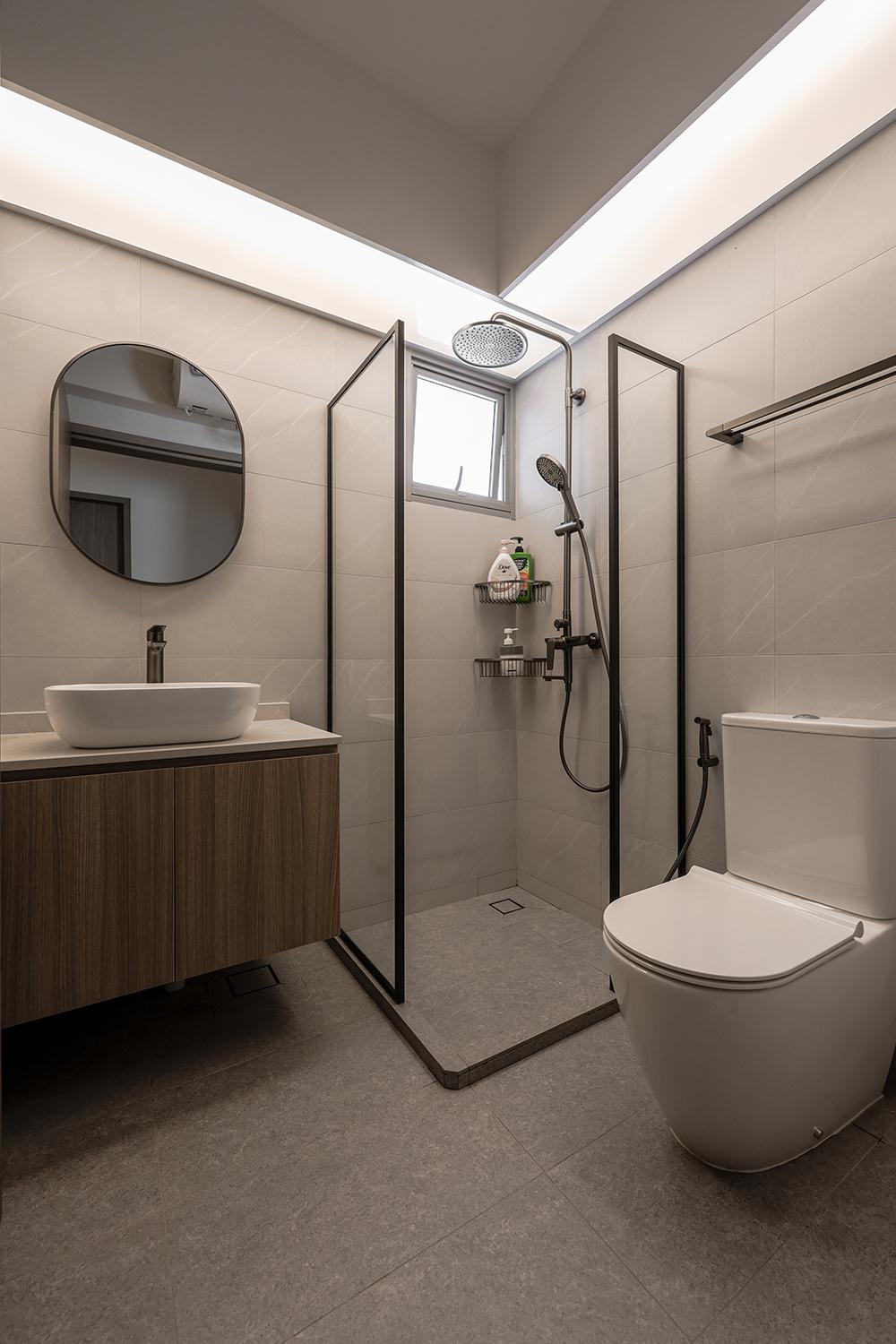 Scandinavian Bathroom with Countertop and Homogeneous Tiles
