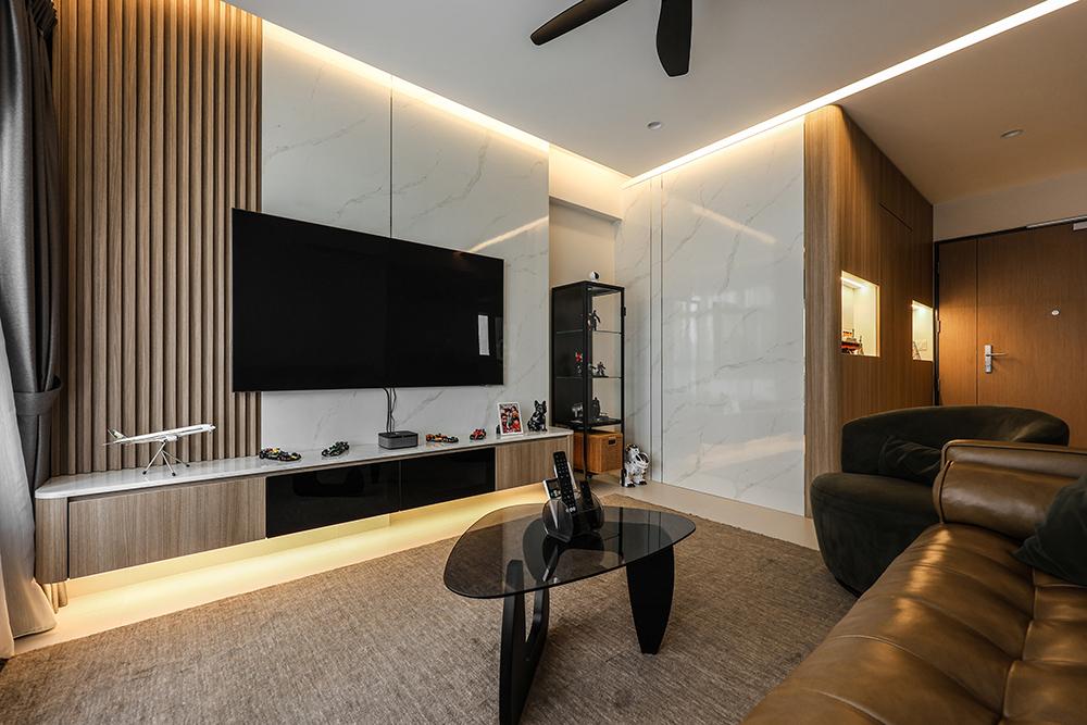 Scandinavian Living Room with TV Console and Feature Wall