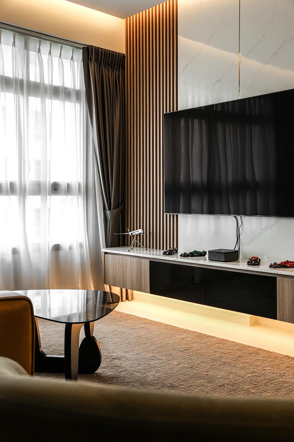 Scandinavian Living Room with TV Console and Feature Wall