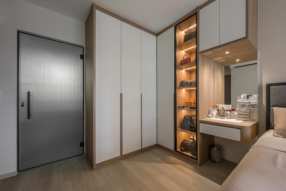 Scandinavian Bedroom with Glass Door and Wardrobe