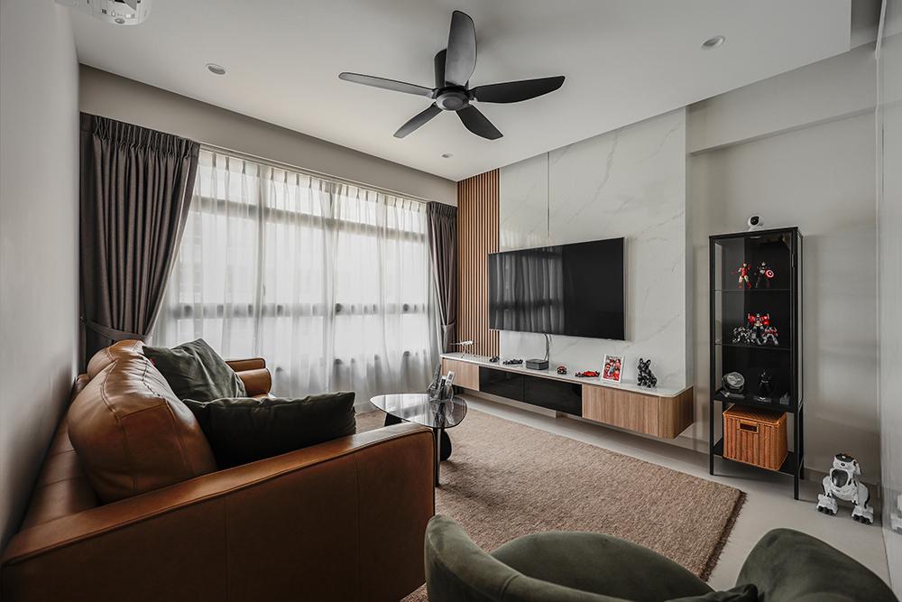 Scandinavian Living Room with TV Console and Feature Wall