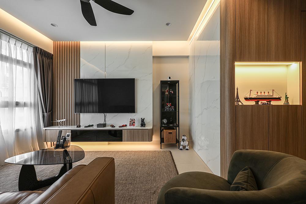 Scandinavian Living Room with TV Console and Feature Wall