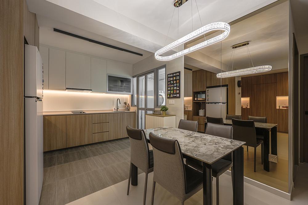Scandinavian Dining Room with Mirror and Open Kitchen