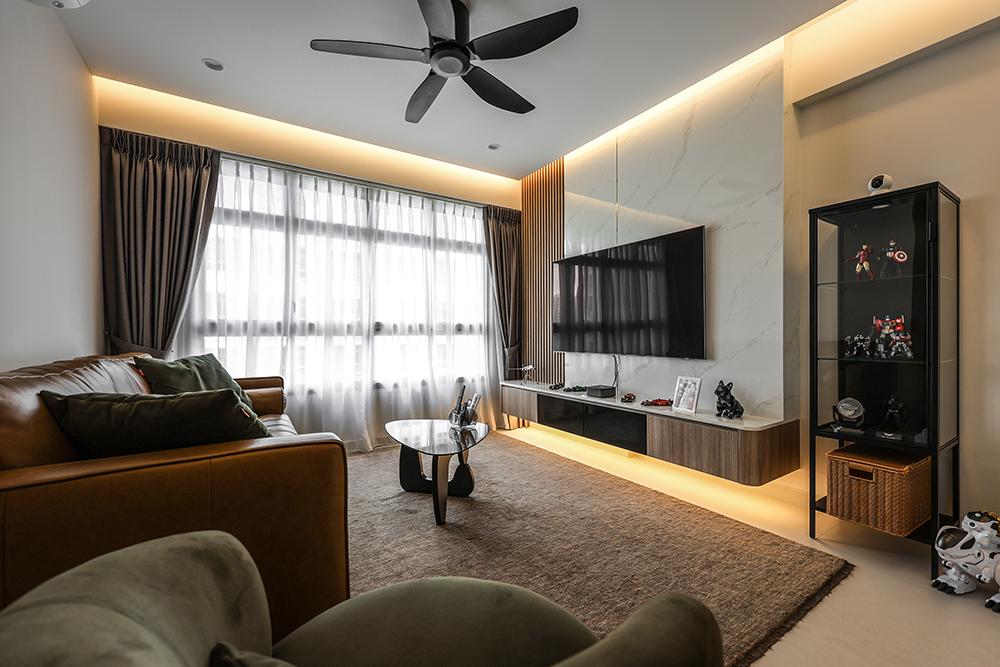 Scandinavian Living Room with TV Console and Feature Wall