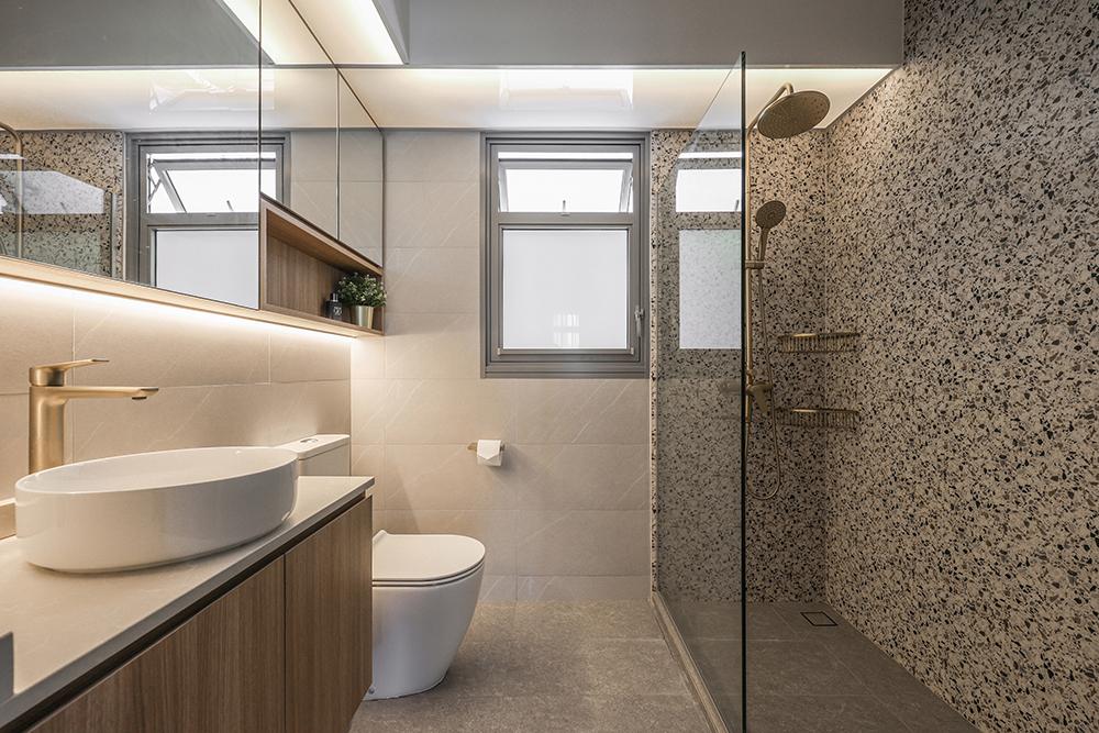 Scandinavian Bathroom with Countertop and Homogeneous Tiles