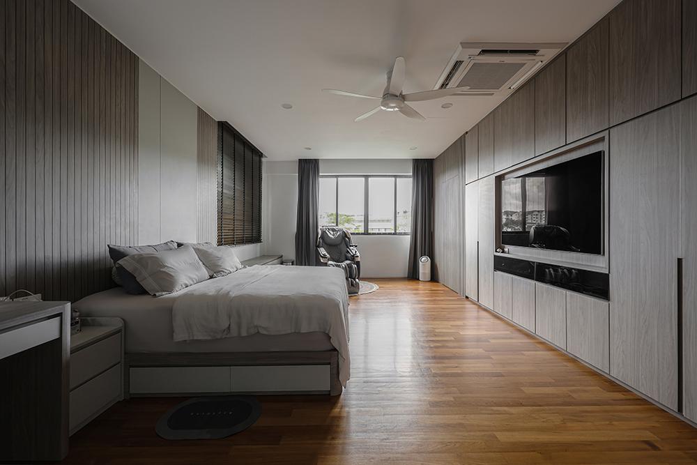 Modern Bedroom with TV Console and Feature Wall