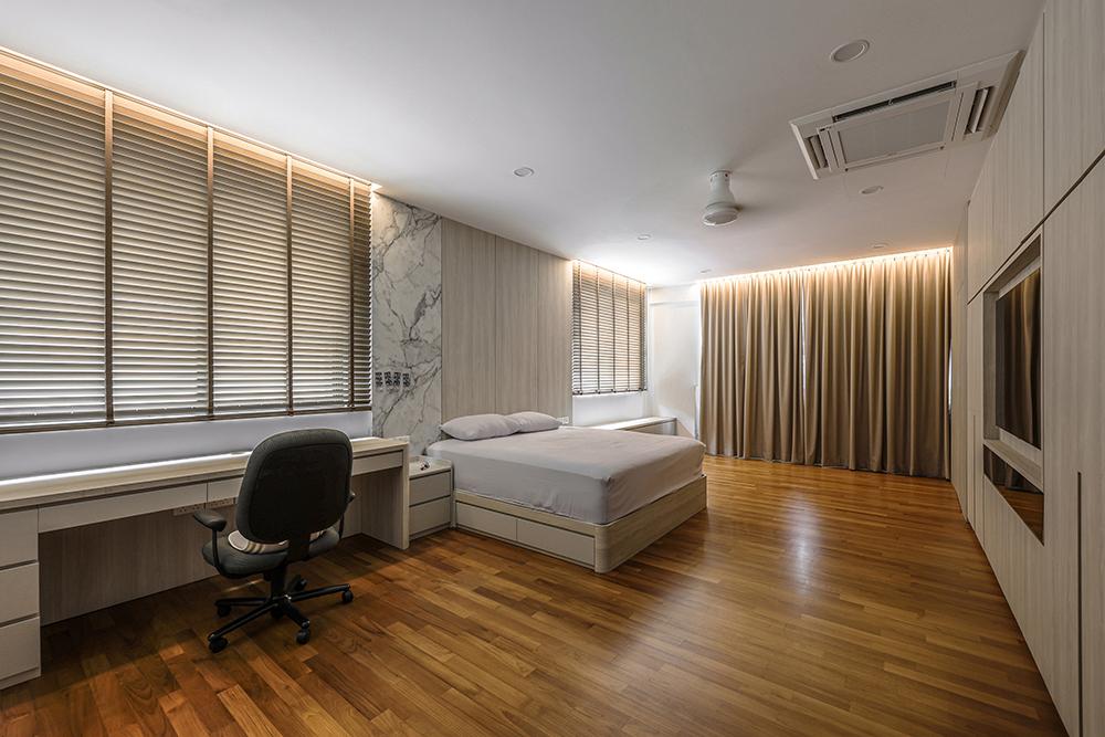 Modern Bedroom with TV Console and Feature Wall