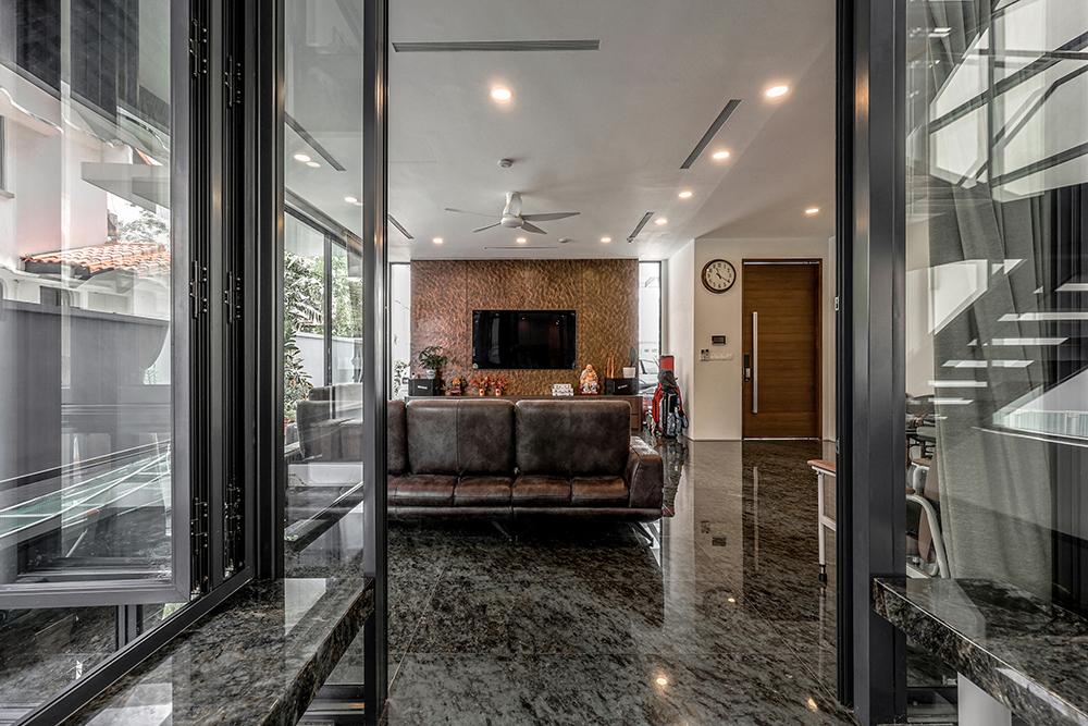 Modern Living Room with Granite Floor and TV Console