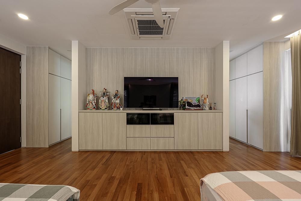 Modern Bedroom with Parquet Floor and TV Console