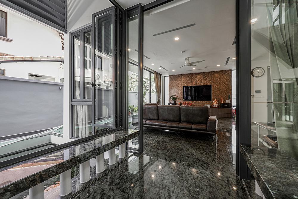 Modern Living Room with Granite Floor and TV Console