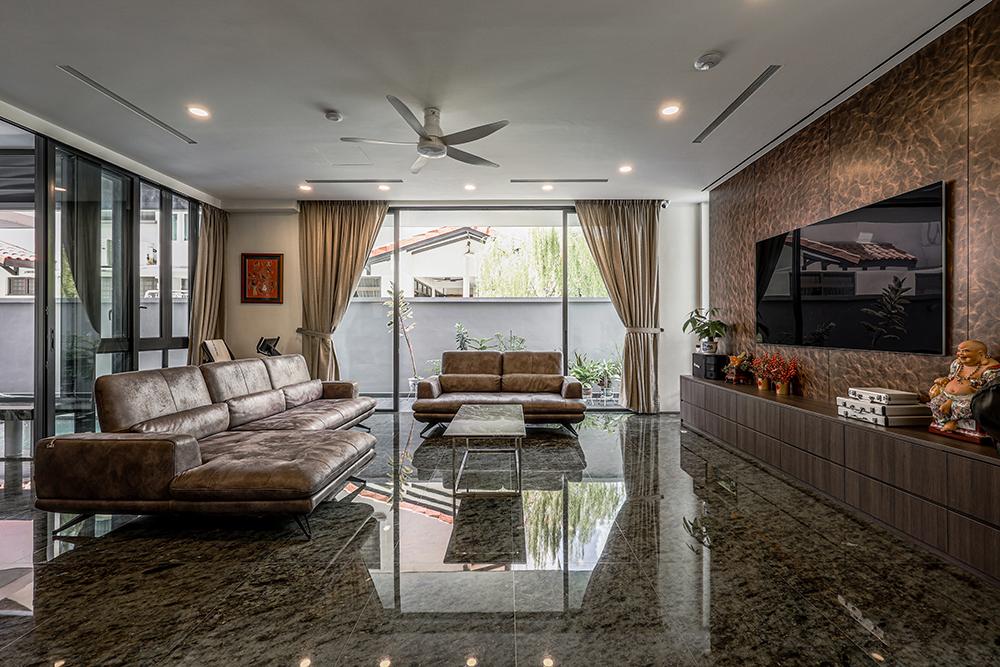 Modern Living Room with Granite Floor and TV Console