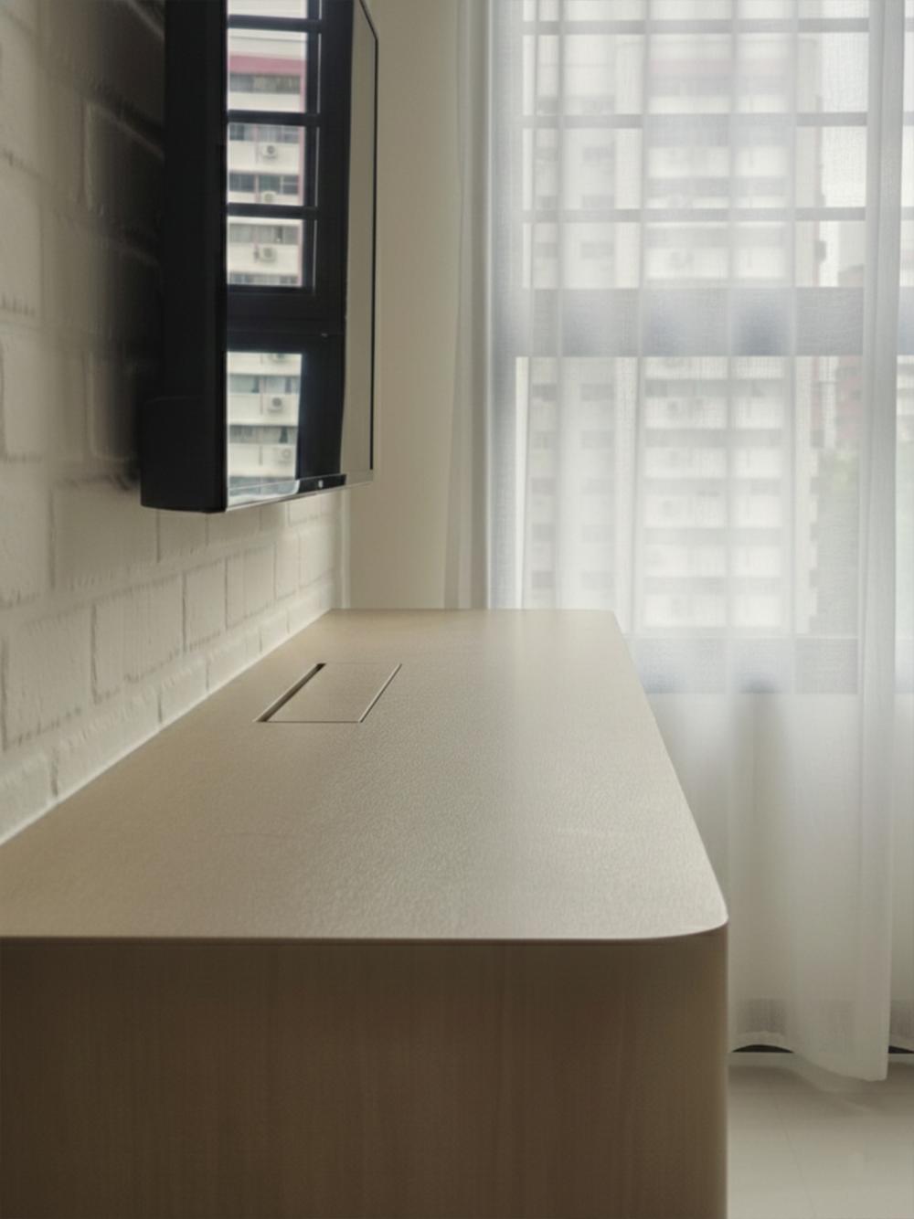 Minimalist Living Room with Homogeneous Tiles and TV Console